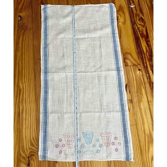 Vtg 50s Embroidered Kitchen Tea Towel Pink Blue Glasses Table Runner Cottagecore - Picture 5 of 11